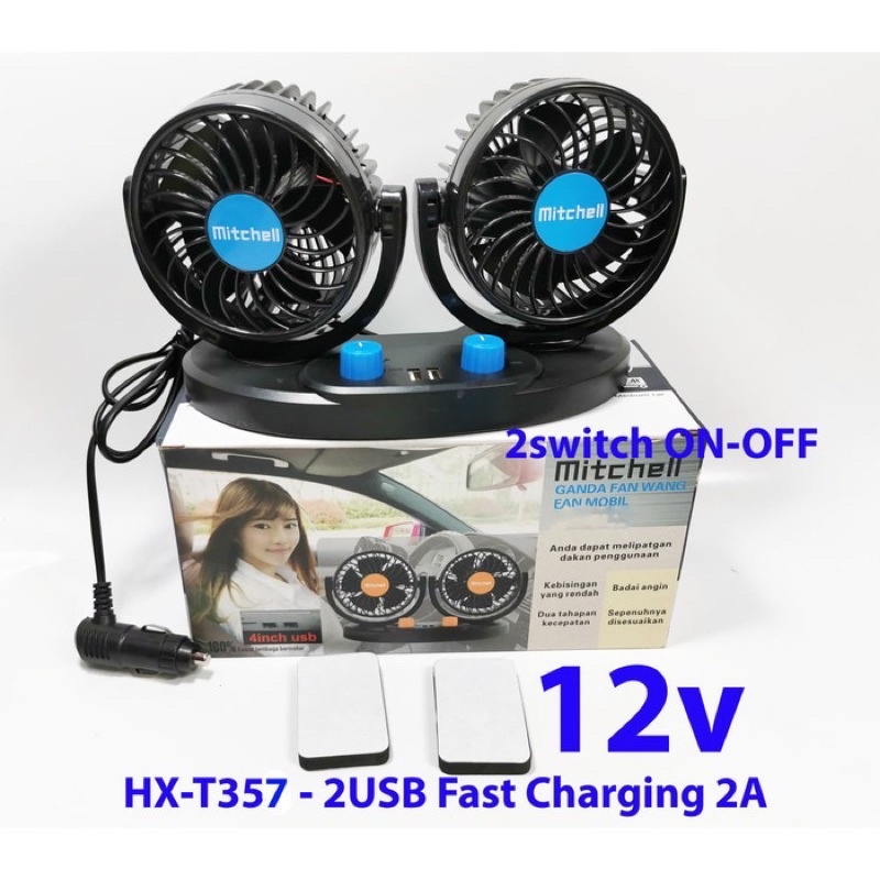 Kipas Angin Mobil Mitchell T357 12volt 12V 12 volt Plus 2 Colokan Usb Double fan