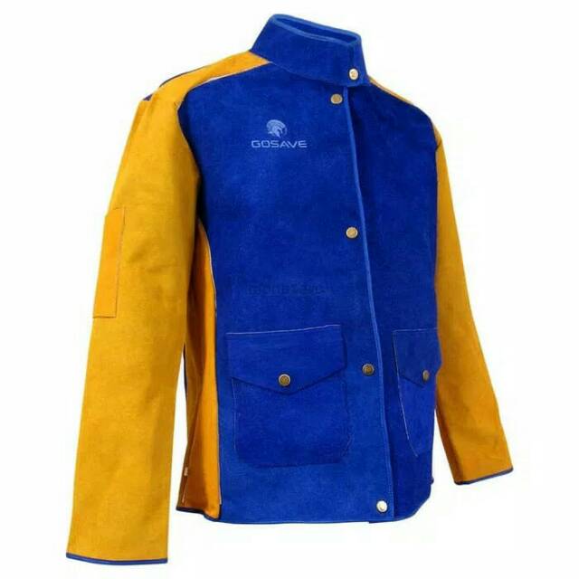 Jacket welder full leather / jaket kulit las kuning biru XL / safety jaket dg kancing dan rekap velc