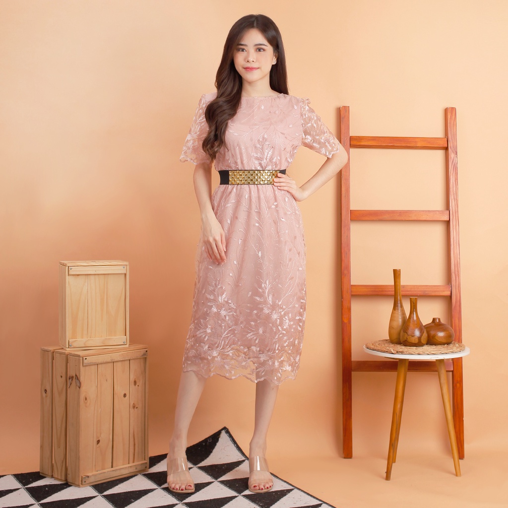 Kathryn collection # 4398, Dres tile bordir gliter mutiara dalaman furing free belt