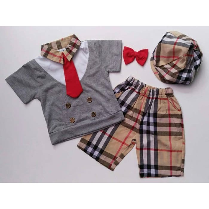 TERLARIS
 Baju Setelan Anak Bayi Laki Cowok - Burberry Coklat Golf Dasi Topi Pet PALING MURAH