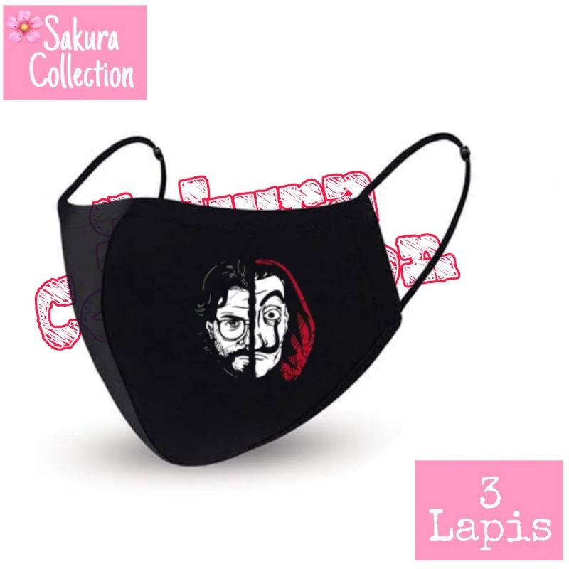 Masker kain 3 lapis - MONEY HEIST - LA CASA DE PAPEL - LA CASA DE QUARANTINE / EARLOOP HITAM 3PLY