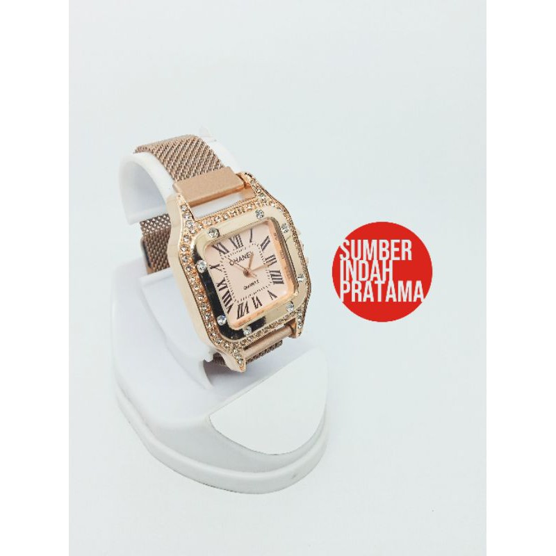 jam tangan wanita tali magnet strap channel persegi rose gold
