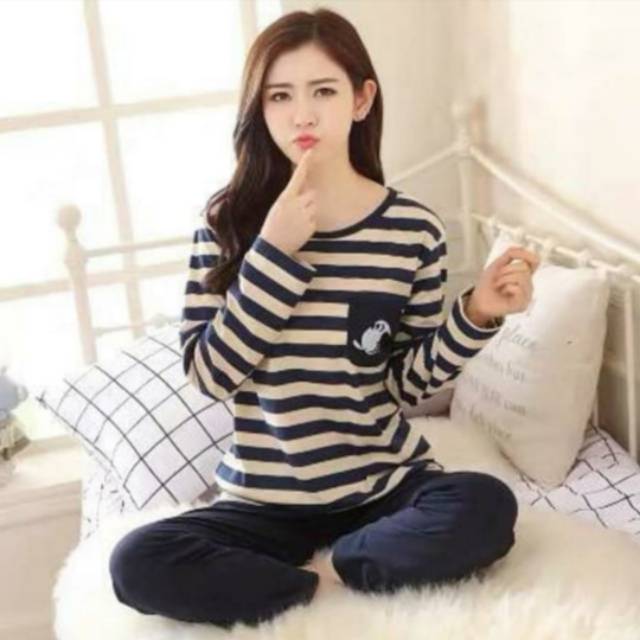 Olive Stripe Paket Setelan Baju Tidur Wanita  Casual Sehari  