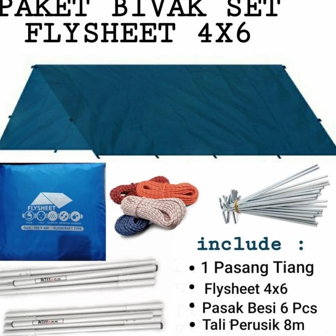 Set Flysheet 4x6 Waterproof dan Tiang Double FREE Pasak dan Tali