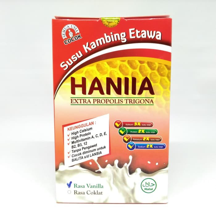 

Susu Kambing Etawa Extra Propolis Trigona HANIIA Rasa Vanila