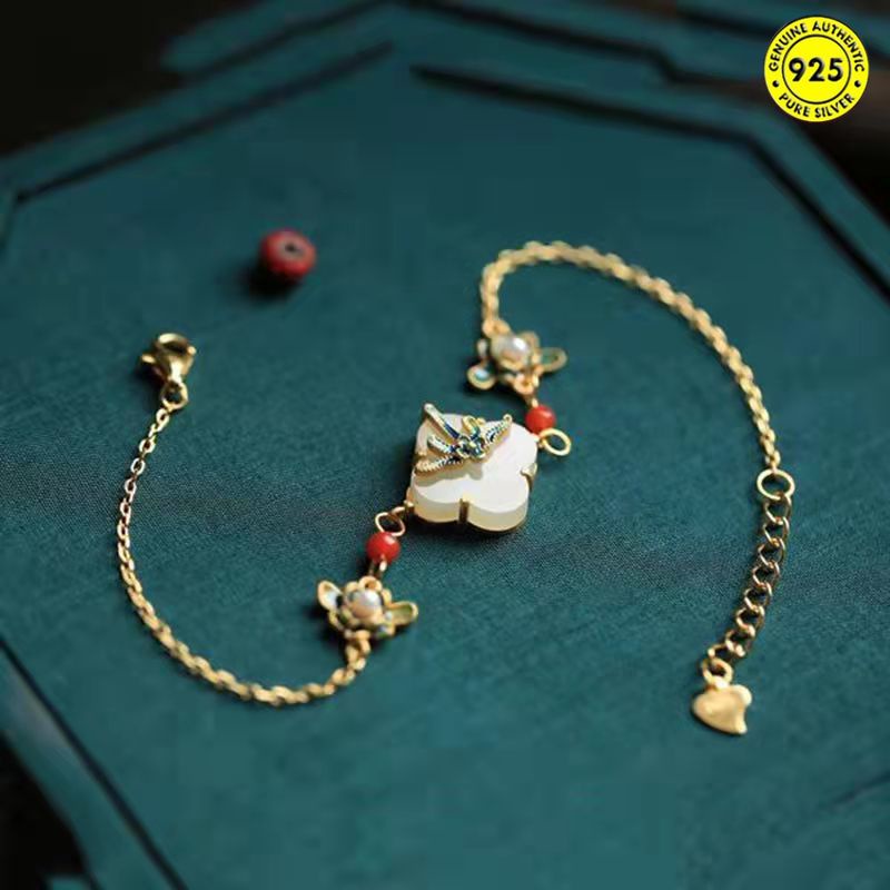 Gelang Giok Hetian Cloisonne Clover Gaya Retro China Antik Untuk Wanita