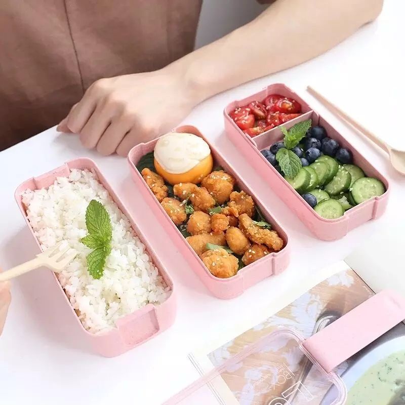 Kotak makan bento 3 susun bahan jerami Gandum/Lunch box 3 tingkat plus sendok