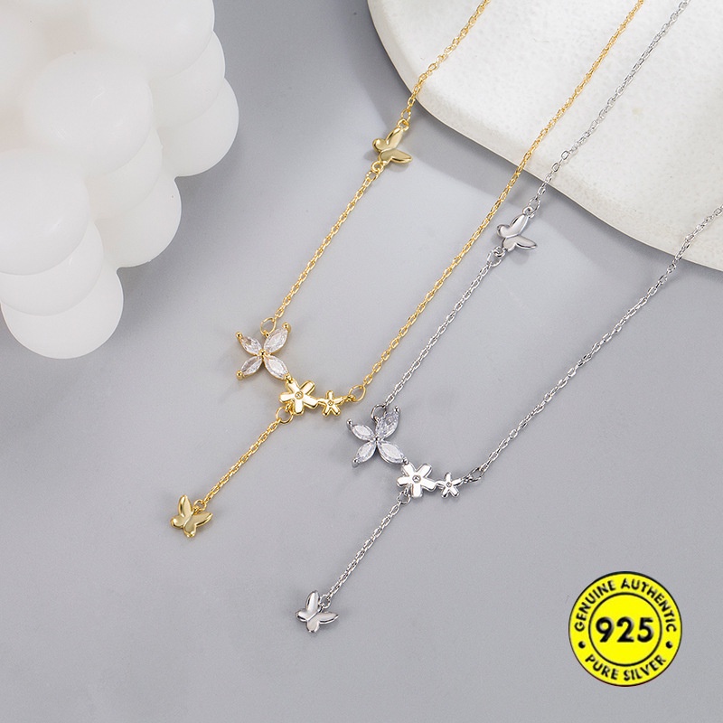 Kalung Rantai Sterling Silver 925 Dengan Liontin Bunga + Kupu-Kupu Untuk Wanita / Musim Panas Butterfly