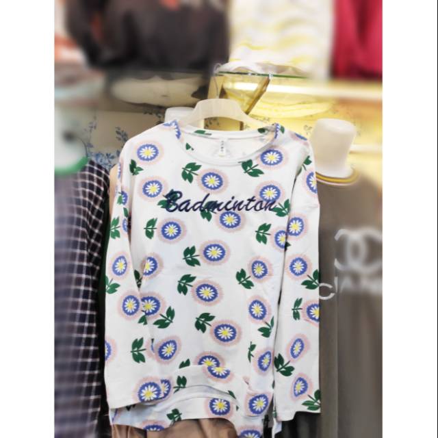 Kaos import wanita printing bunga aplikasi bordir xl