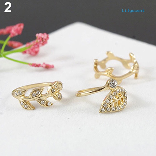 3pcs Cincin Knuckle Bentuk Daun Bahan Alloy Warna Emas / Silver Aksen Berlian Imitasi Untuk Wanita