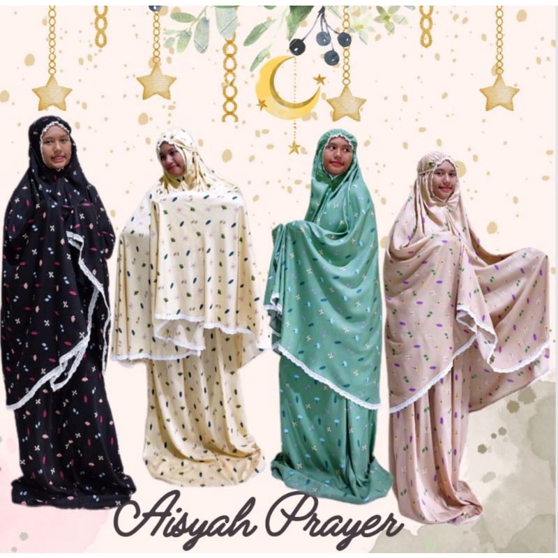 Aisyah Prayer | mukena jumbo | mukena rayon | mukena motif daun bunga kecil | mukena cantik | mukena