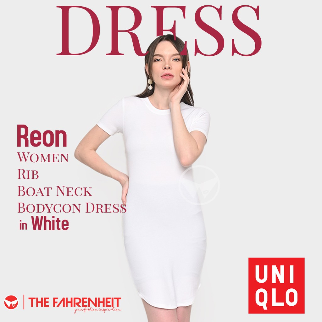 The-Fahrenheit Reon Uniqlo Women Rib Boat Neck Bodycon Dress - White