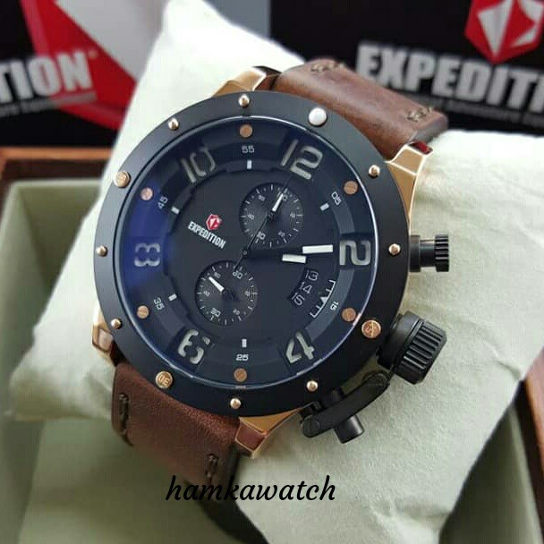 jam tangan / Watch_Id pria expedition original e6381 black gold leather brown