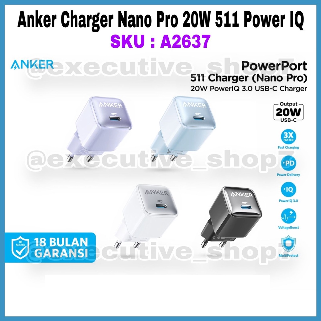 Anker Charger Nano Pro 20W 511 Power IQ - SKU : A2637 - Garansi Resmi 18 Bulan