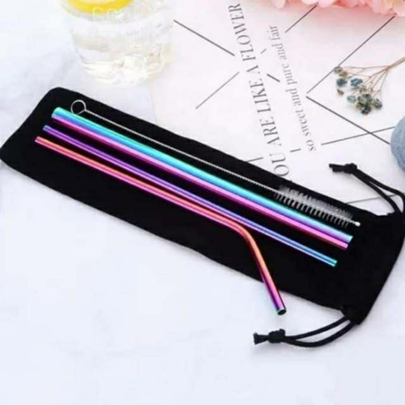 Sedotan pelangi set sedotan stainless set Sedotan rainbow set sedotan stainless 5 in 1