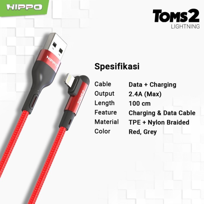 Hippo Kabel Data Gaming Mobile Toms2 USB to Lightning Fast Charging 2.4 A Cable Lightning iPhone USB Data Colokan L 90 Derajat