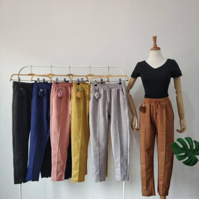 Celana suede pompom polos merk TIBESI import bkk hk chn bangkok china