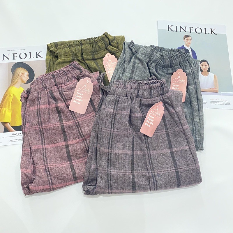 CELANA PANJANG WANITA KOTAK BAHAN SEMIWOL GABARDIN BAGGY PANTS TARTAN UNISEX ZARA DEWASA PEREMPUAN C