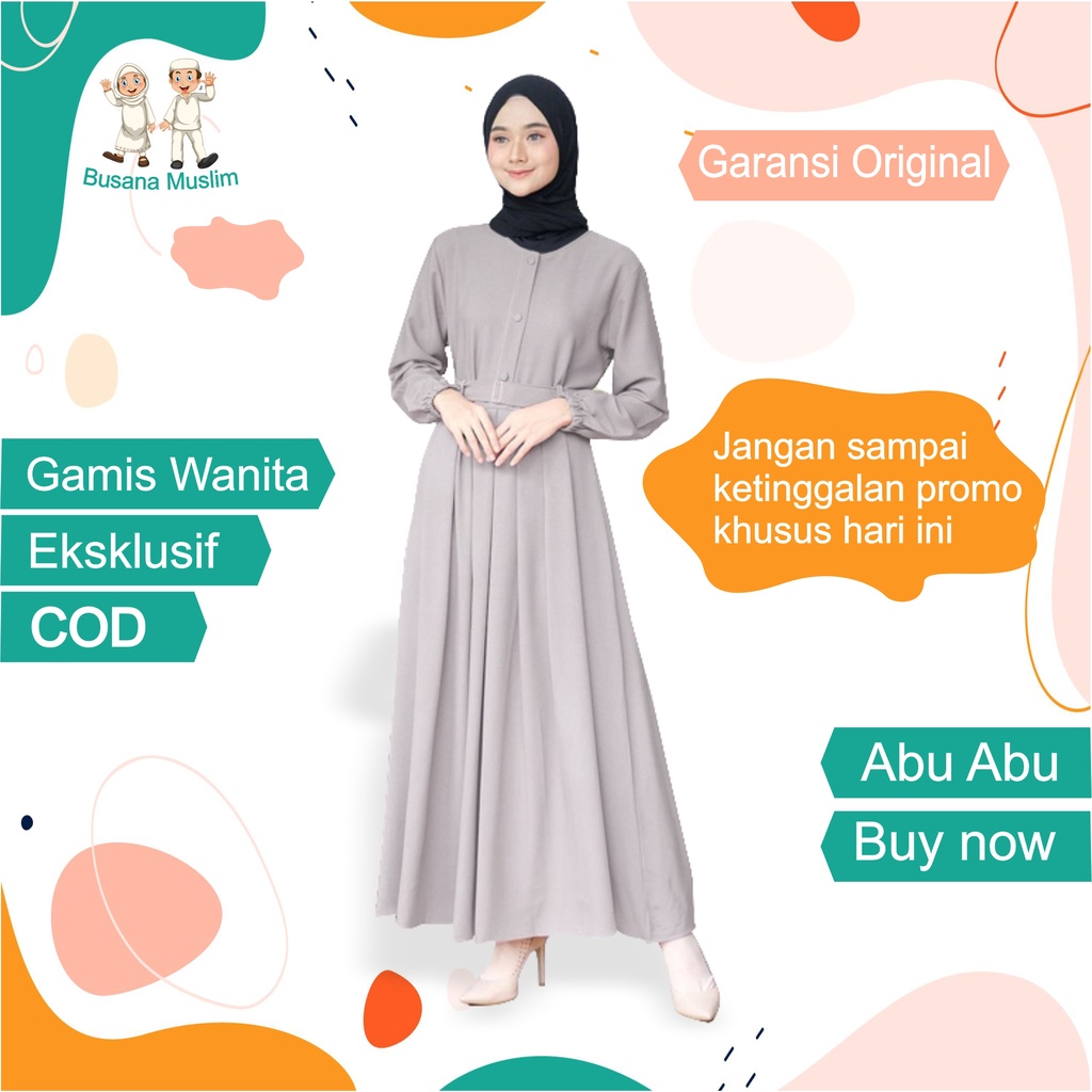 Fashion Baju Gamis Dewasa Wanita Muslim Dress Cantik Kekinian Murah Terbaru 2021 Warna Abu-Abu