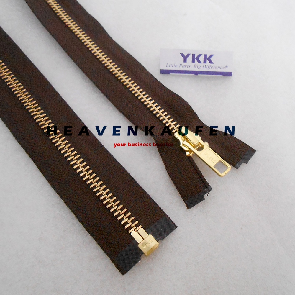 Resleting Zipper YKK 60 cm Atau 24 inch Warna Coklat - Gold Emas Type Gigi Besi Set Open End Buka Lepas