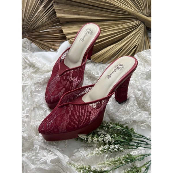 sepatu wedding rafaizoutfit yasmika merahmarron 10cm tahu