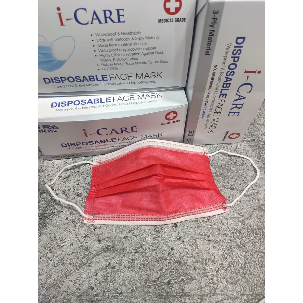 MASKER 3PLY ICARE I CARE EARLOOP KEMENKES WARNA PINK MERAH HIJAU PUTIH ABU HITAM BIRU