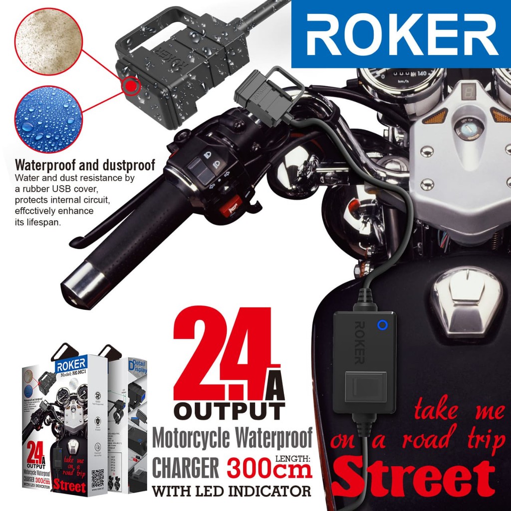 Charger Motor ROKER STREET 2.4A Waterproof Casan HP Aki Motor LED Ligh
