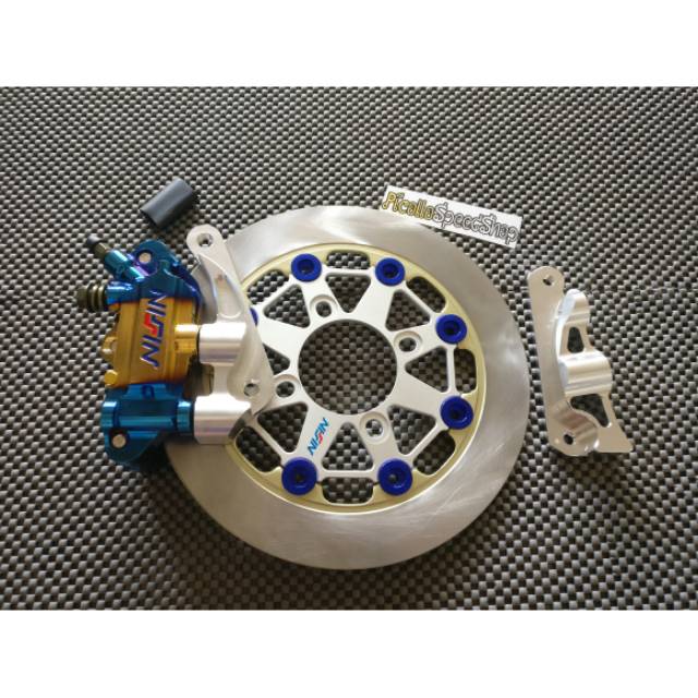 Paketan nissin monoblok TwoTone+breket shok standar matic Yamaha/Honda+disk nissin buta floatingbiru