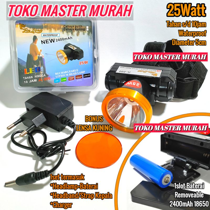 Senter Kepala Cas 25W 20W Cahaya Putih Kuning JL200P Headlamp Charge Super Terang