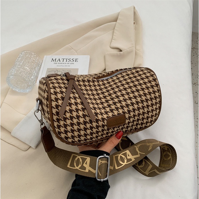 BJ81922 - BLACK/BROWN - TAS SLEMPANG MOTIF KOTAK DUFFELL BAG HOUNDSTOOTH WANITA FASHION IMPORT MODIS ELEGAN TERMURAH TERLARIS TERBARU BAGSTORE JAKARTA TAS BATAM GT1922 BQ3483