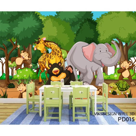 PUSAT CETAK Wallpaper Dinding 3d Bunga Pepohonan, Stiker Dinding Sekolah TK Gambar Binatang Gajah.