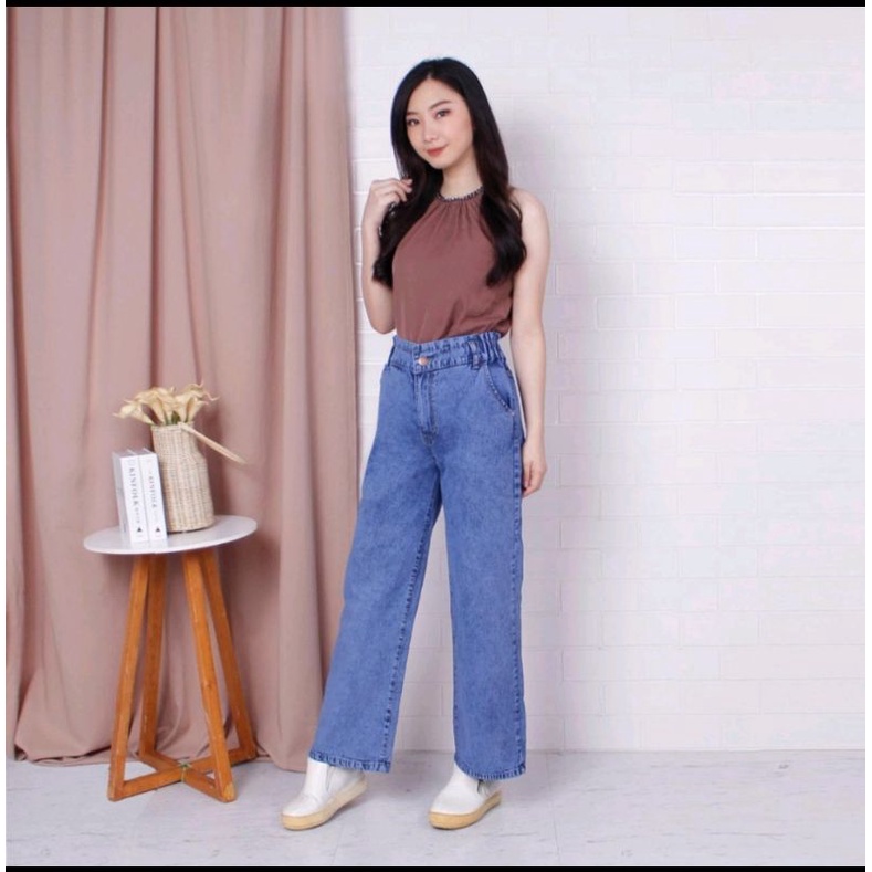 Highwaist Kulot Loose Karet Pinggang Jeans Tebal 13 Os Jumbo Big Size 27-42