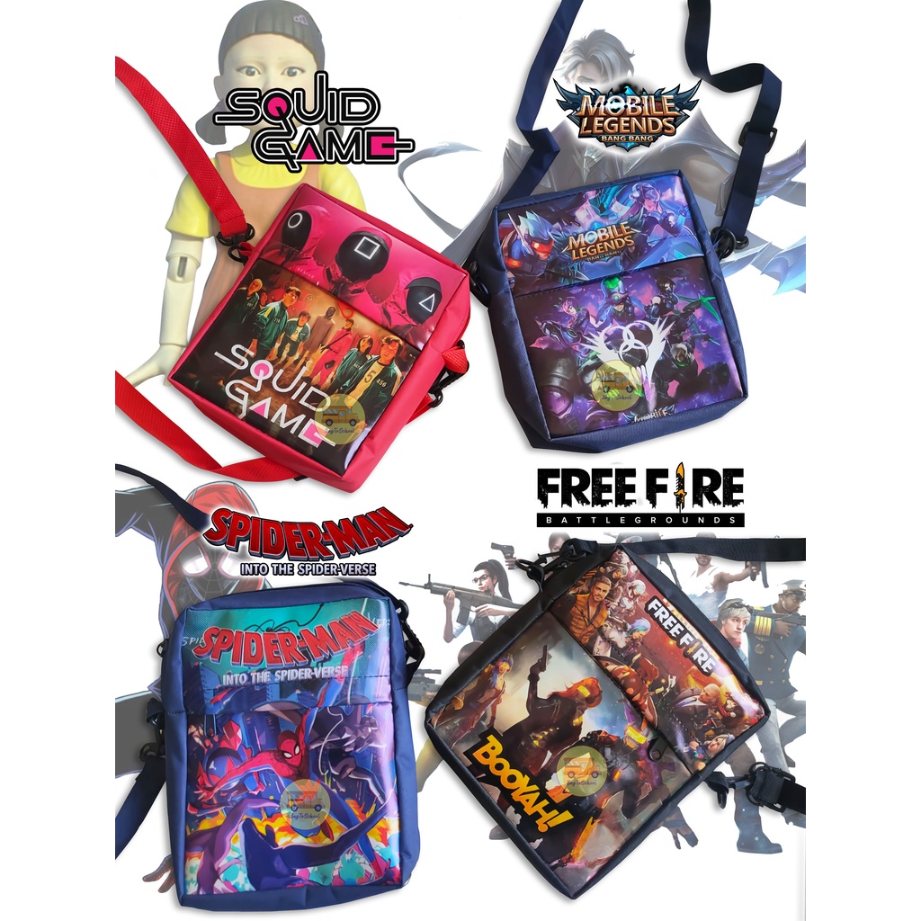 Tas Anak selempang anak / sling bag anak / tas anak karakter mobile legend free fire spiderman squid game murah 1KG = 1 LUSIN/12PCS