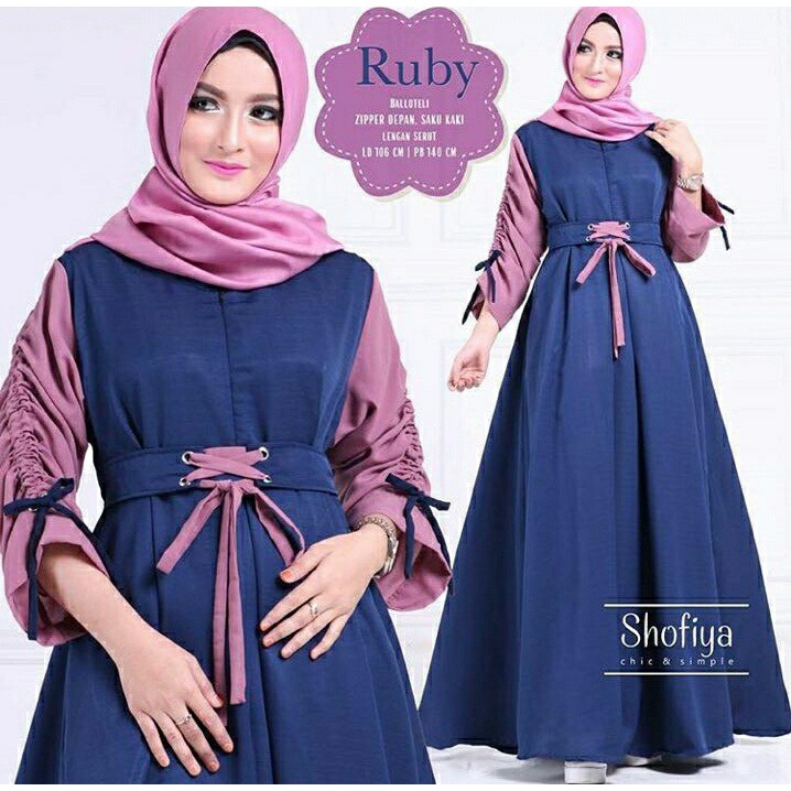 RN Ruby Maxy Katun Navy Busana Muslim Wanita Gamis Wanita