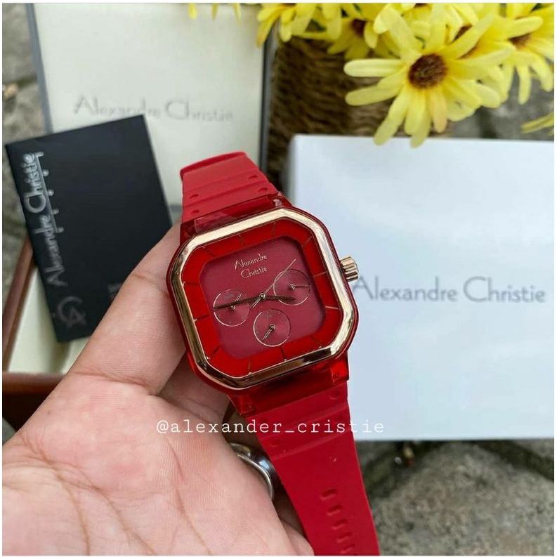 ORIGINAL GARANSI RESMI JAM TANGAN WANITA ALEXANDRE CHRISTIE RED ROSE GOLD RUBBER STRAP CEWEK ARLOJI 