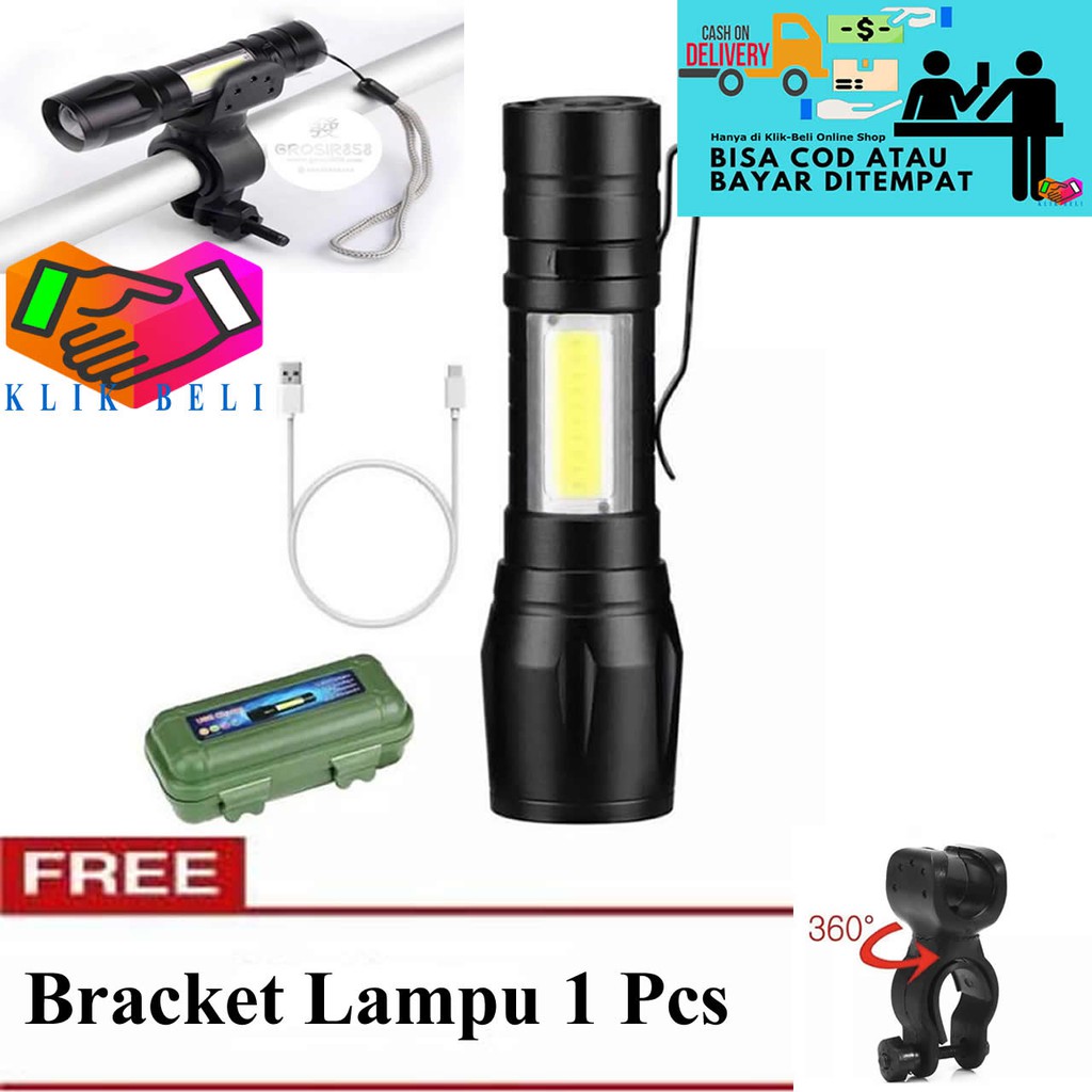 Senter Swat / Senter Lampu Mini USB Led Rechargeable Zoom COB + GRATIS Bracket Lampu Sepeda