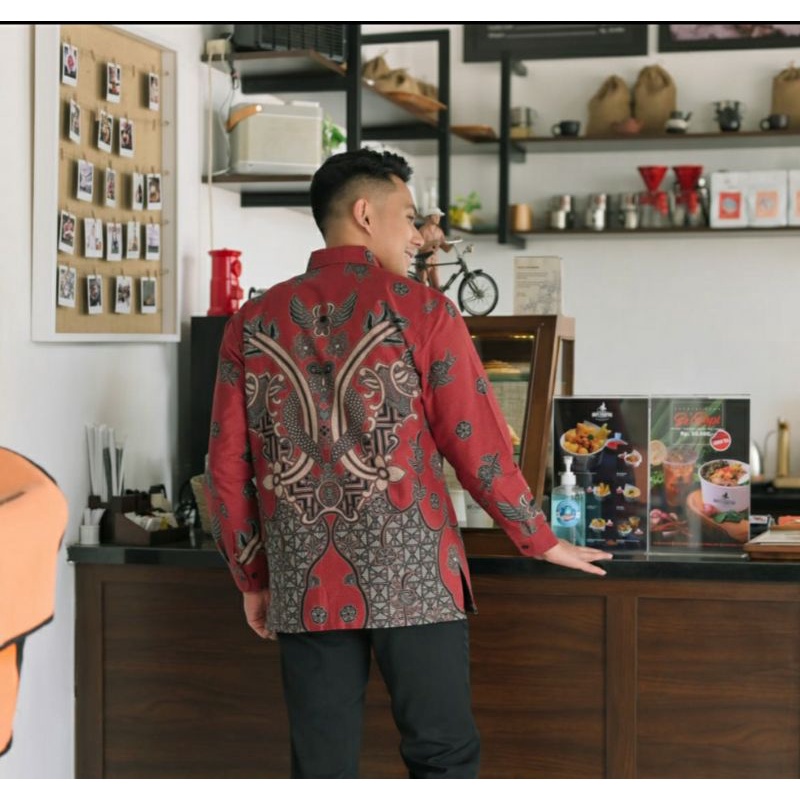 Batik pasangan couple sarimbit pria &amp; wanita batik size reguler merah soft