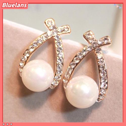 Bluelans Anting Tusuk Wanita Desain Salib Hias Mutiara + Berlian Imitasi Untuk Pernikahan / Hadiah