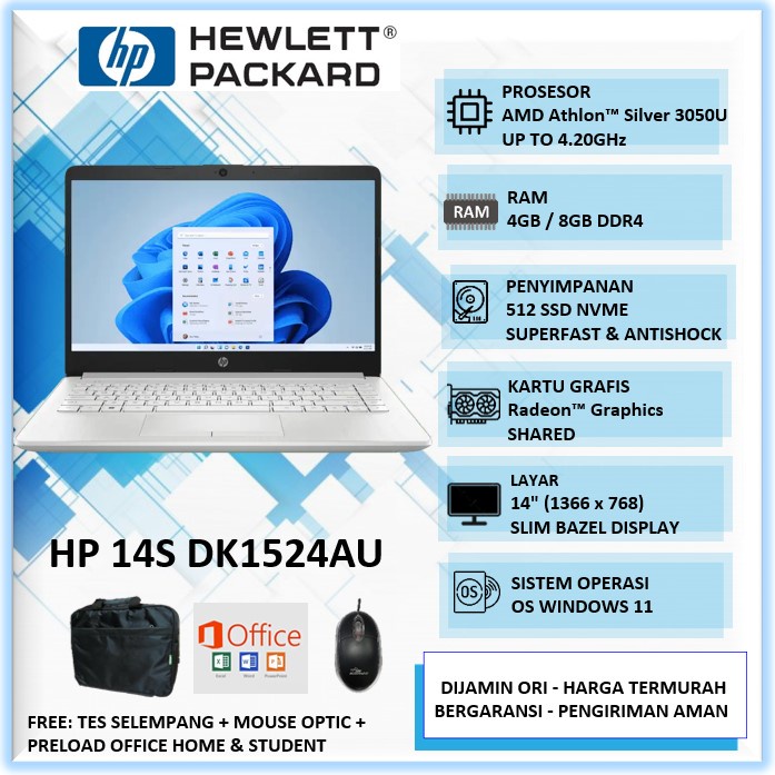 Laptop Baru HP 14s DK1524AU AMD Athlon Silver 3050U Ram 8GB SSD 512GB 14" Win11Home Silver