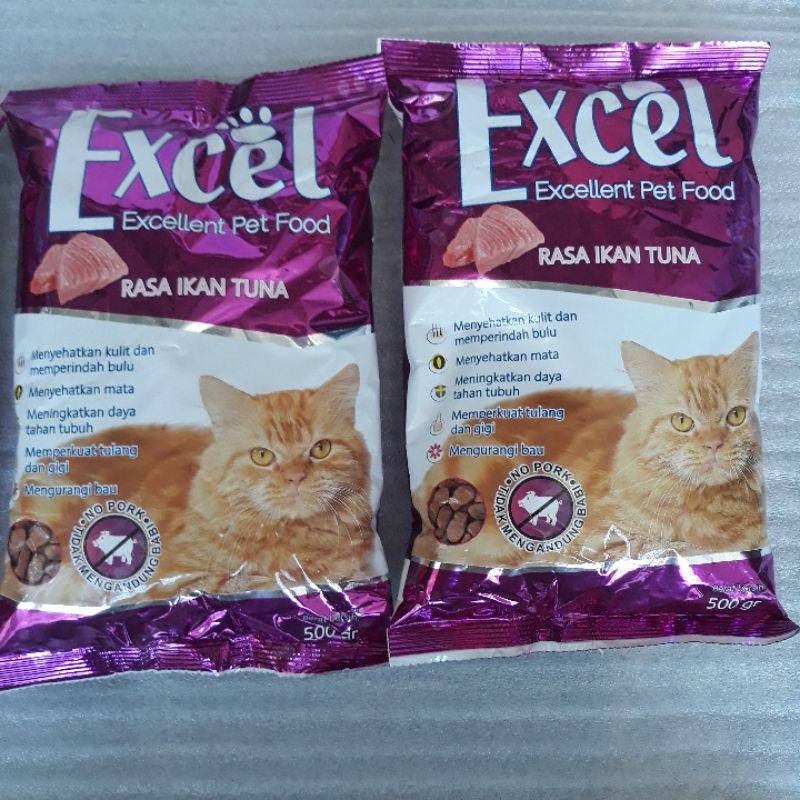 Makanan Kucing EXCEL rasa tuna( bentuk ikan,Donat,segitiga) 500gr