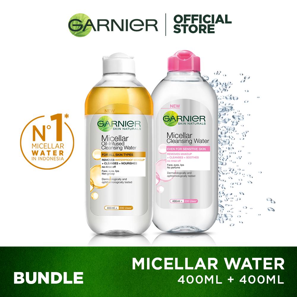 Garnier Micellar Water Pink &amp; Oil Infused- 400 ml Twinpack - Pembersih Wajah &amp; Makeup kulit sensitif