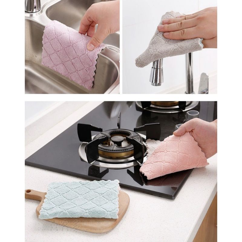 Kain Lap Cuci Piring Anti Minyak Microfiber Serbet Dapur Bahan Coral Fleece Micro Fiber 2 Sisi Serbaguna Serap Air Anti Bau Daya Serap Super Lap Kotoran Piring Meja Kompor