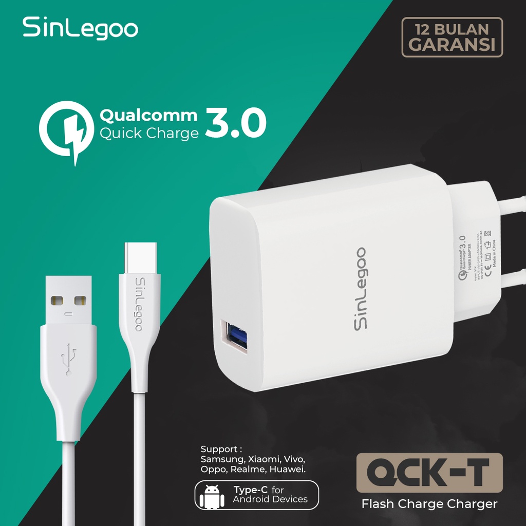 KHANZAACC SINLEGOO QCK-T Charger Qualcom 3A Fast Charging Include Kable Type-C