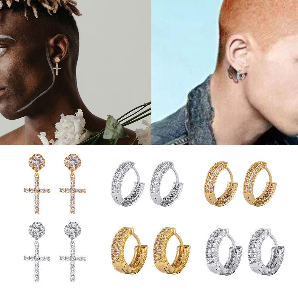 Suyo Anting Salib Wanita Pria Helix Cartilage Tragus Cubic Zirconia Huggie Hoop Earring Zircon Ear Stud