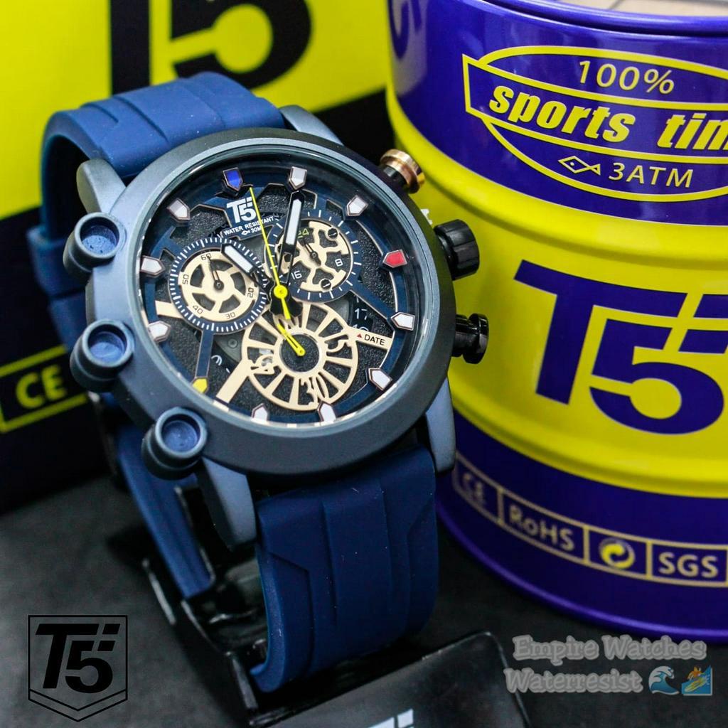 Jam Tangan T5 H3759G 3759 Pria Cowok Analog Chrono dan Tanggal Aktif Strap Rubber Original Waterproof