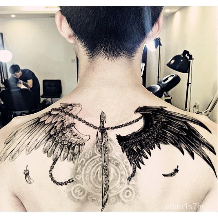 Bunga Buatan Lengan Stiker Tattoo Sayap Malaikat Hitam dan Putih Pedang Tato Stiker Tahan Air dan Ta