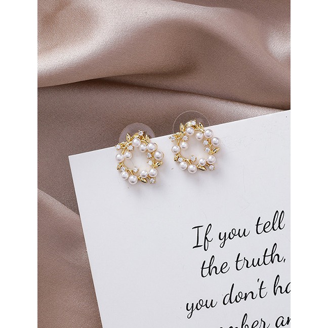 LRC Anting Tusuk Fashion Gold 925 Silver Needle Pearl Garland Rhinestone Ring Earrings D20854