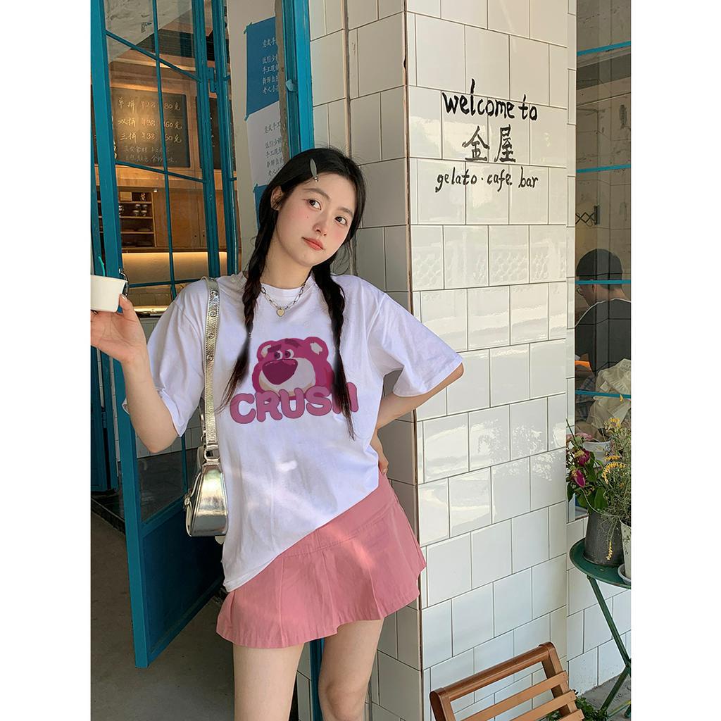 EUNII T-shirt Lengan Pendek Cartoon Crush Strawberry Bear Korean Style/Kaos Atasan Wanita/Baju Kaus Oversize Wanita/Kaos Wanita