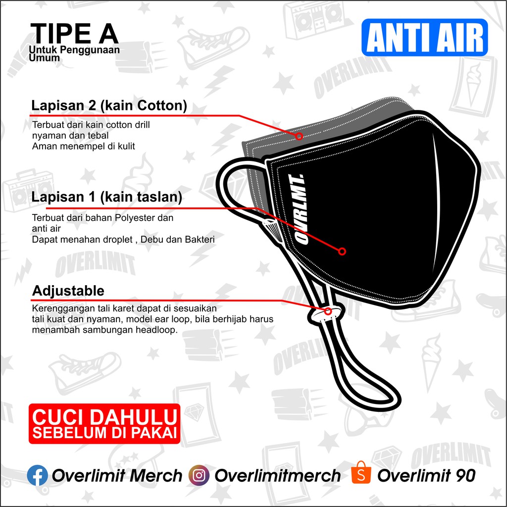 Masker overlimit Anti air masker Kain Pria Wanita Cowok Cewek hijab Tali Karet Elastis 3 PLY