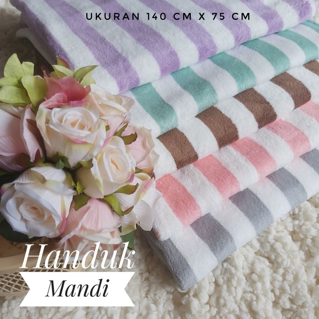 [BAYAR DITEMPAT] Handuk Microfiber Bulu Salur Garis Lembut Super Serap Air Premium SIZE 140 X 75CM